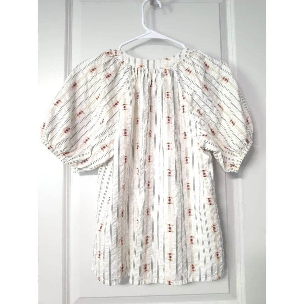 LOFT Women's White Striped Round Neck Tie Puff Short Sleeve Blouse Size XS